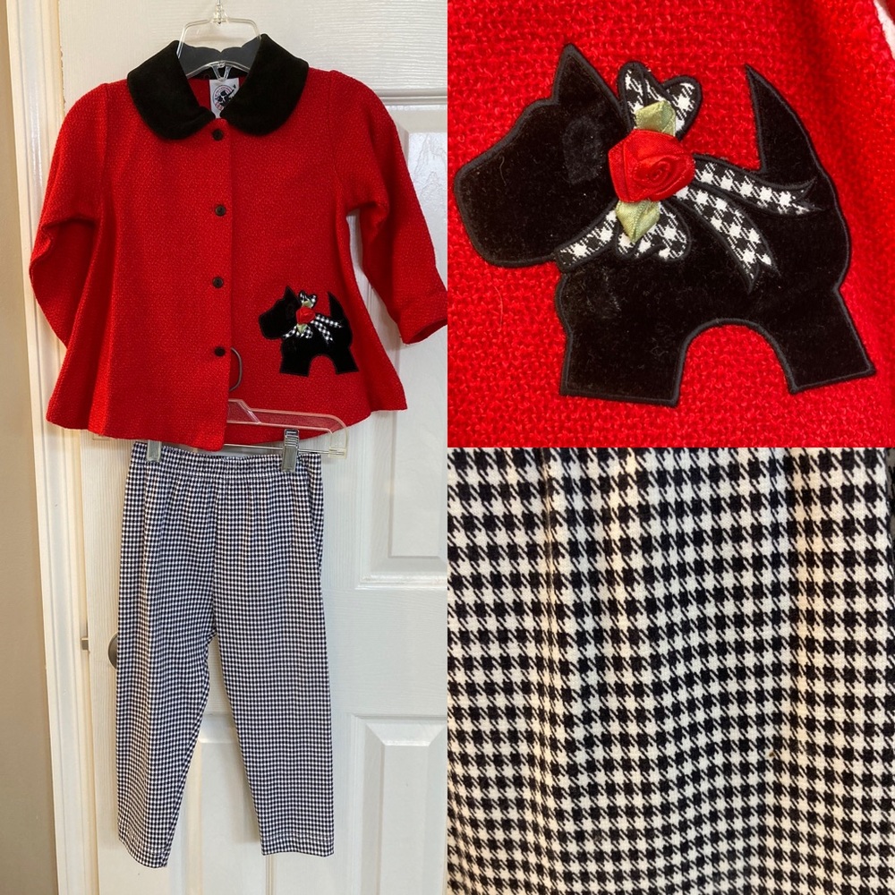 Scottie dog outfit red button top houndstooth pant